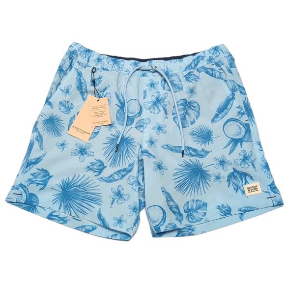 Scotch & Soda Palm Island Swim Trunk Mens M Blue Stretch Brief Liner UPF NEW NWT - Picture 1 of 15
